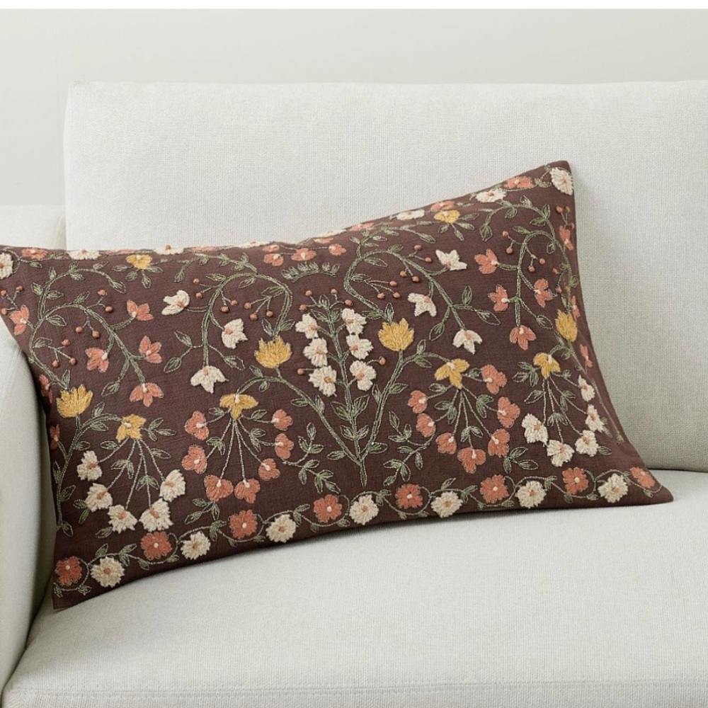 NWT POTTERY BARN ZEA Embroidered floral plum purplish brown Pillow cover 16x26
